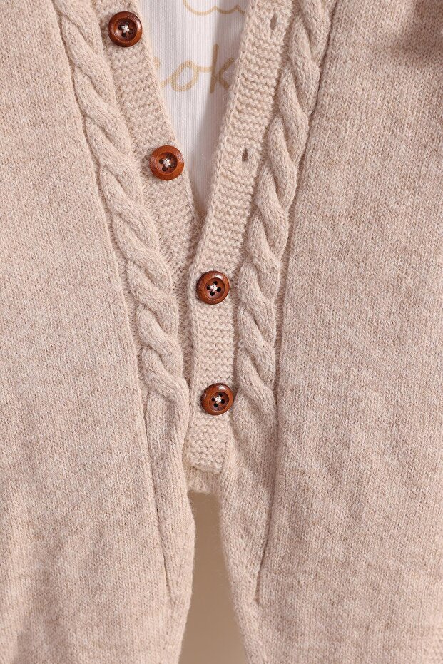 Bej Örme Erkek Bebek Kapüşonlu Uzun Tulum - 4