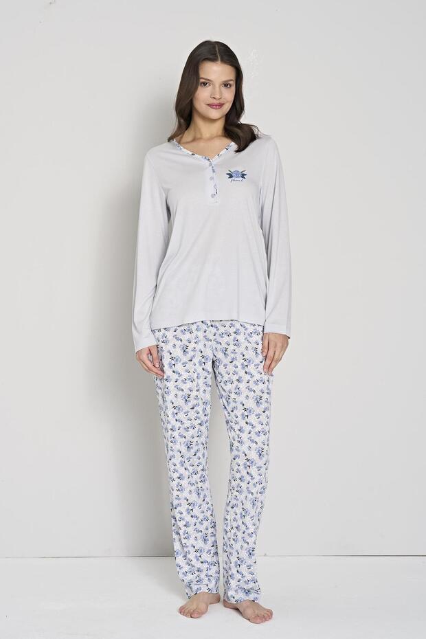 Women's Blue Color Floral Pattern Buttoned Collar Long Sleeve Pajama Set C6T0N91