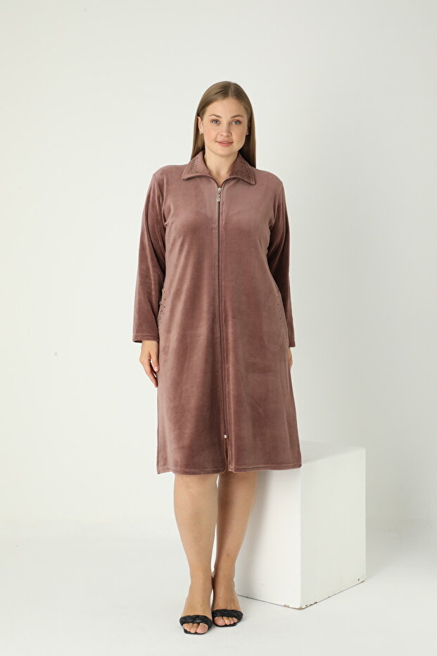 Velvet Winter Collared Stone Detailed Pocketed Plus Size Zippered Dress