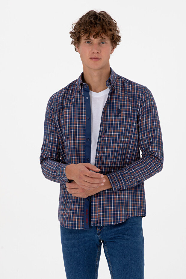 Men's Copper Plaid Long Sleeve Navy Shirt 50316631-VR182