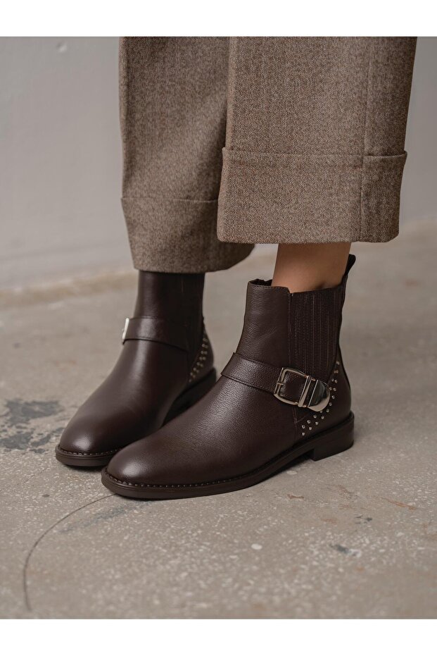 Novan Kahve Hakiki Deri Kadın Bot - 2