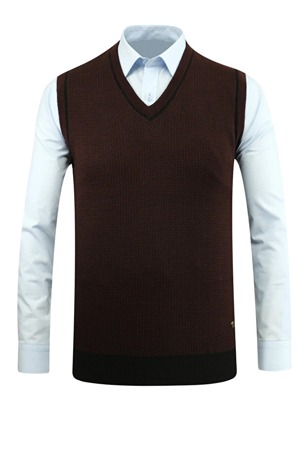 Men's Plus Size V-Neck Burgundy Sweater Patterned Steel Knit Classic Fit - 5208Hb