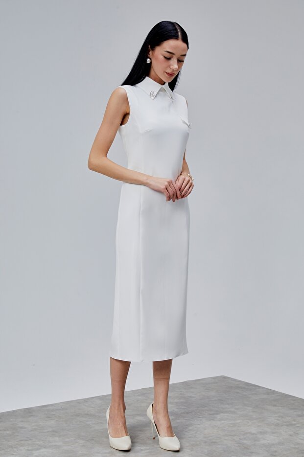 Sıfır Kol Midi Boy Krep Elbise - 4