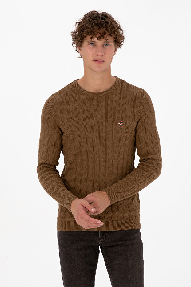 Men's Slim Fit Crew Neck Patterned Khaki Melange Sweater 50307836-Vr125