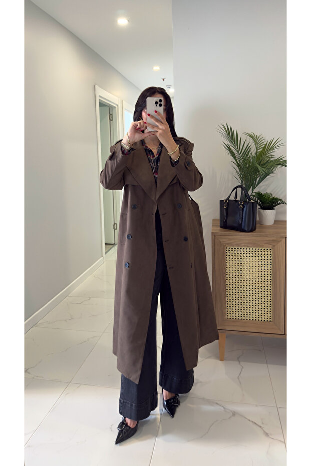 Tolia Koyu Kahve Astarlı Süet Trençkot - 1