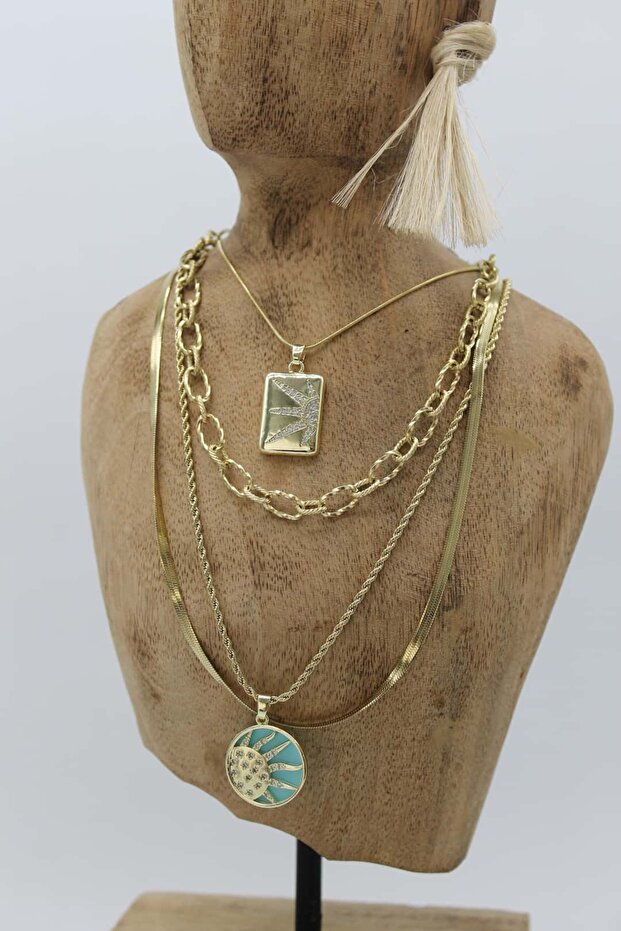 Vip Steel Italian Crushed and Twisted Chain Zircon Stone Turquoise Sun Model 4-Piece Combination Necklace