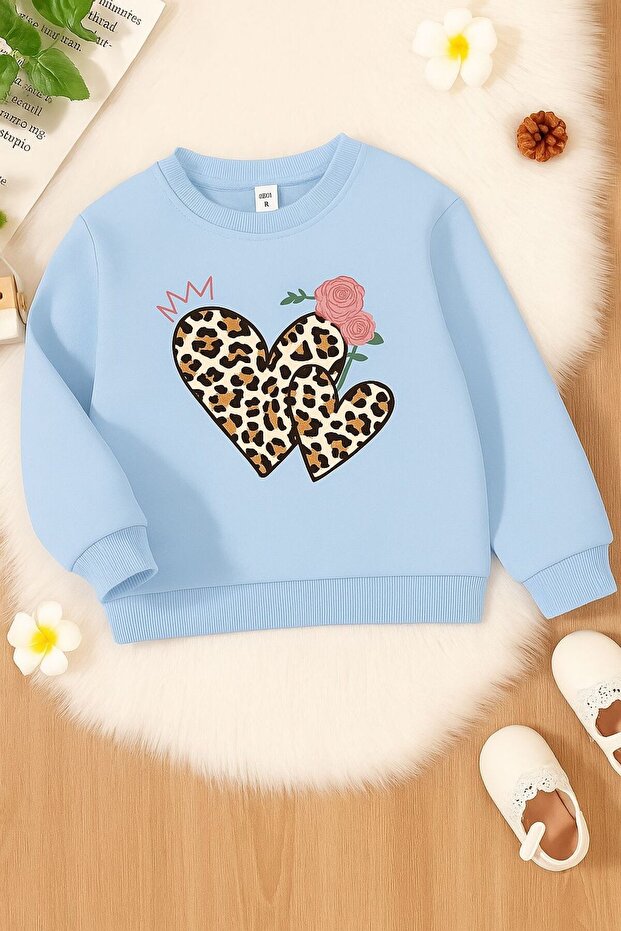 3 Yarn Combed Cotton Heart Leopard Printed Unisex Children's Sweat
