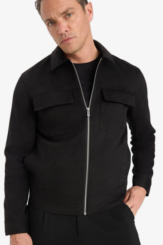 Slim Fit Polo Collar Suede Black Men's Coat Y5362Az/Bk27