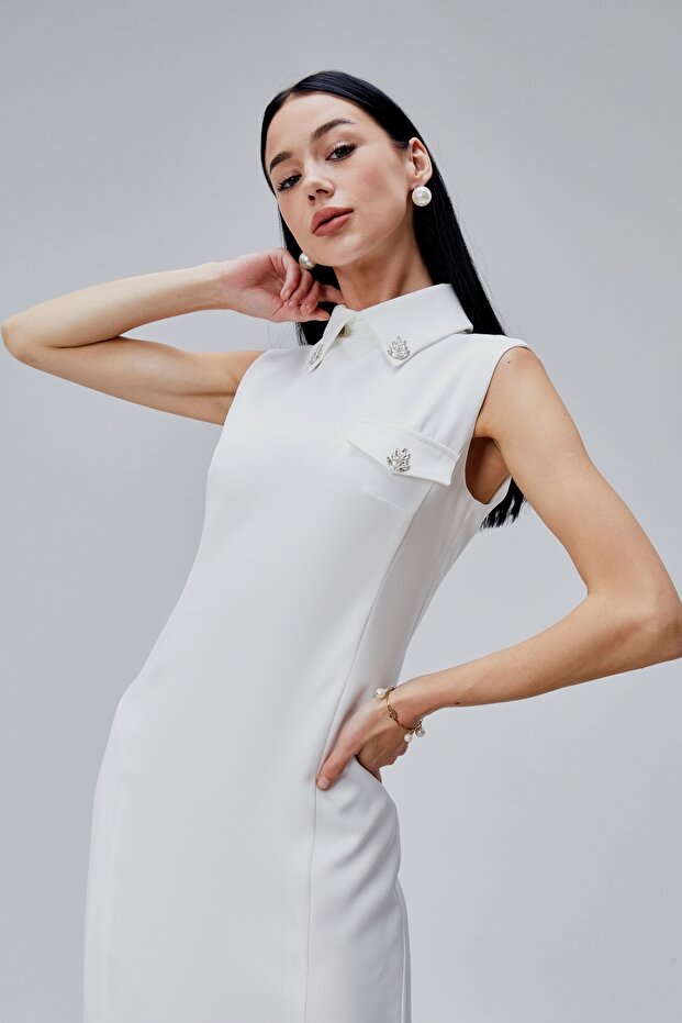 Sıfır Kol Midi Boy Krep Elbise - 7