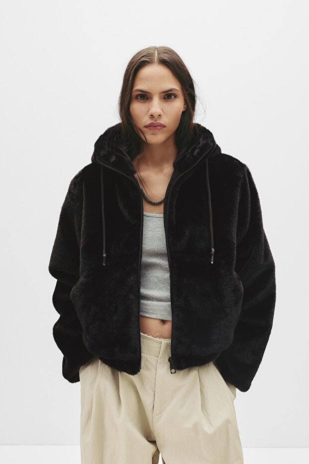 Kapüşonlu suni kürk ceket - 2