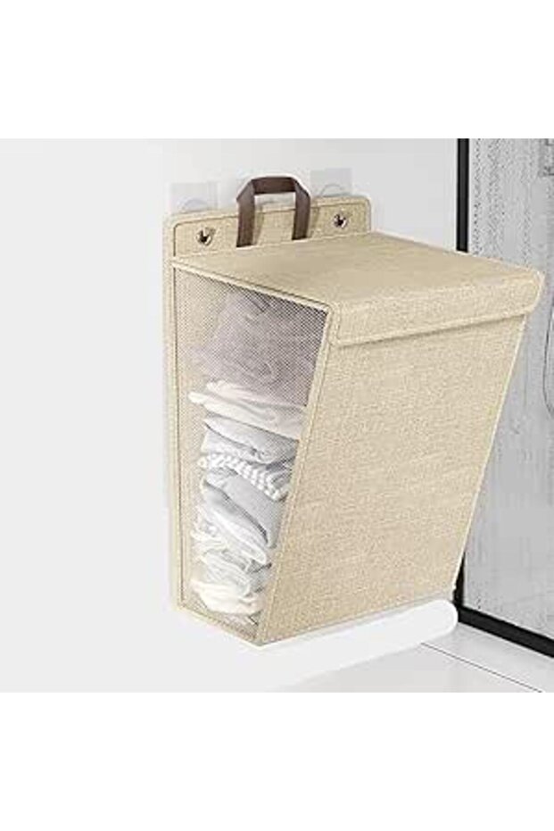ULINEN Wall-Mounted Collapsible Laundry Basket, Foldable Dirty Clothes Basket with Lid and Handle, S