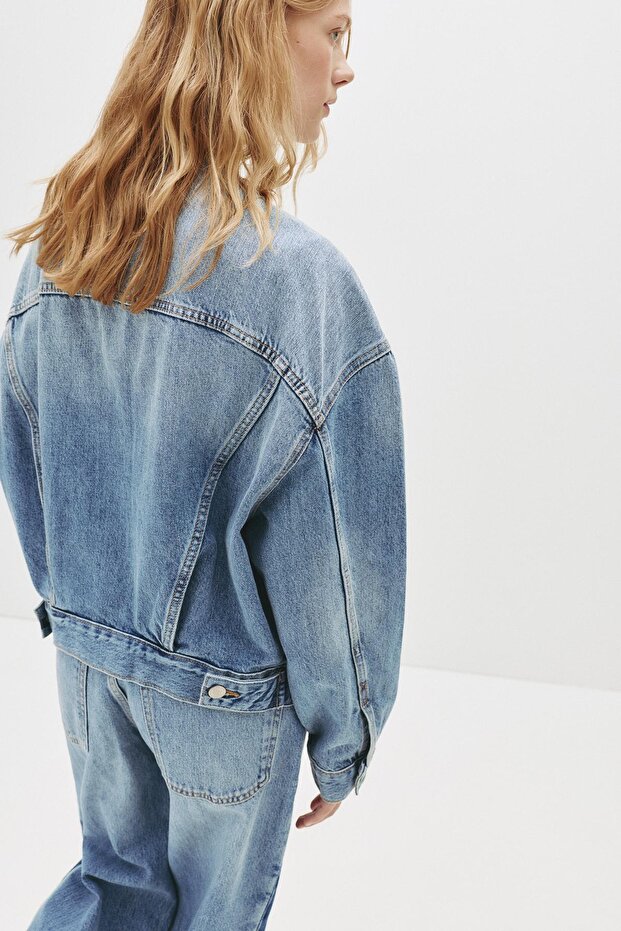 Yakası olmayan jean ceket - 3