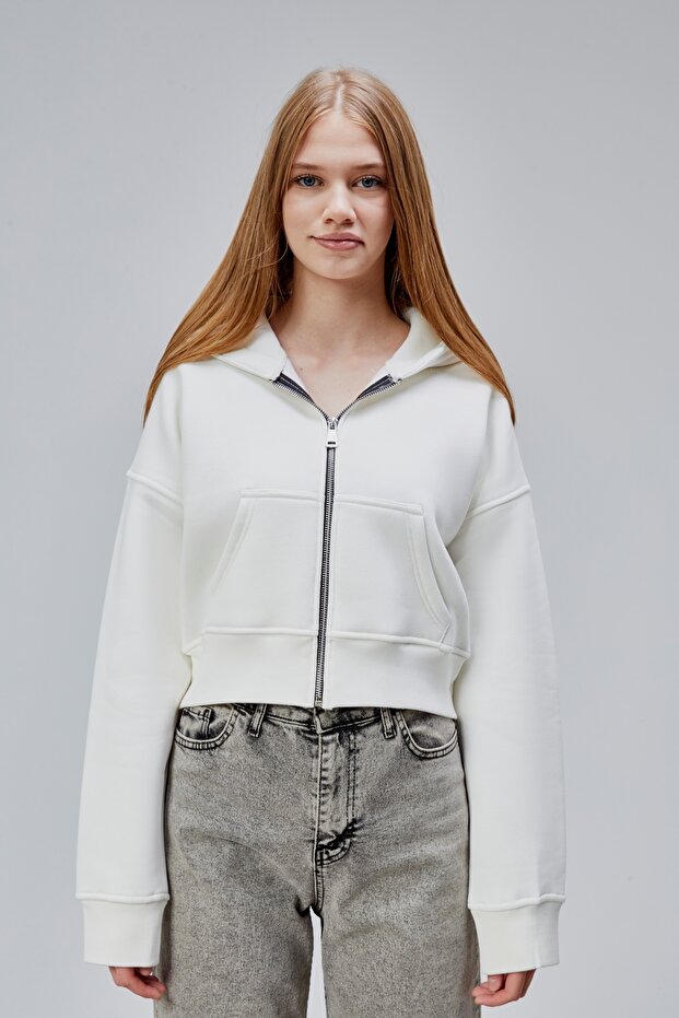 Kadın Kapşonlu Beyaz Basic Crop Sweatshirt - 7