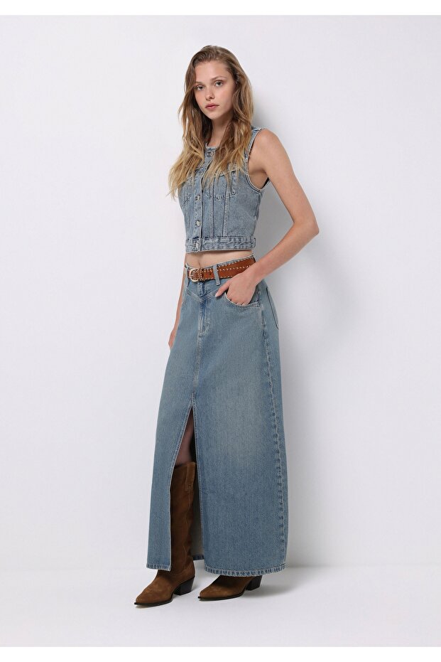 Regular Fit Straight Zippered Women's Blue Skirt