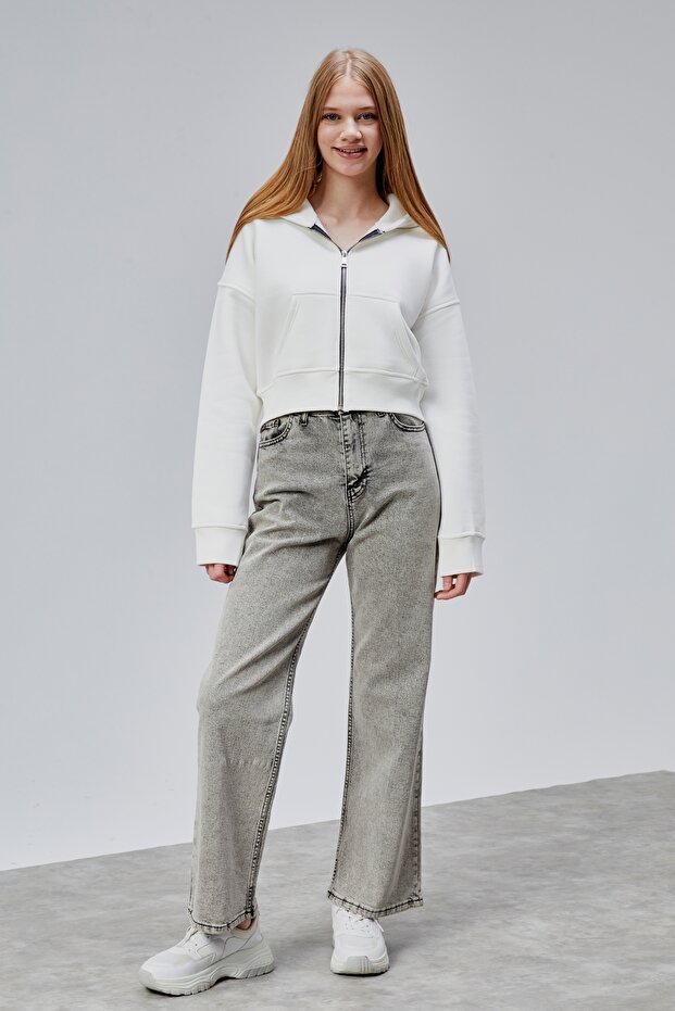 Kadın Kapşonlu Beyaz Basic Crop Sweatshirt - 5