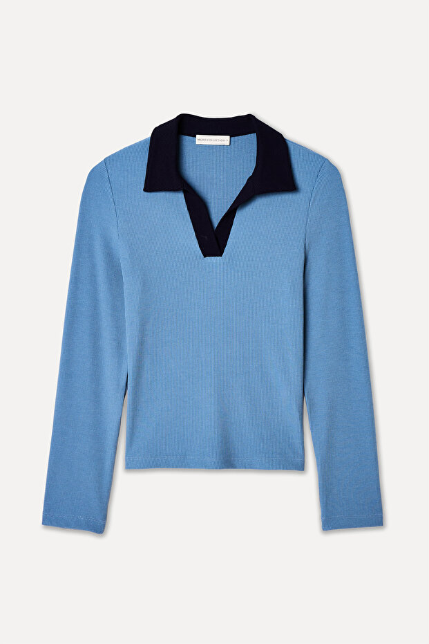 Women's Blue Polo Collar Long Sleeve Blouse