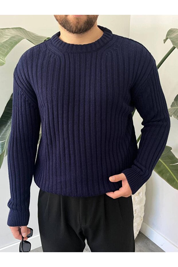 Men's Oversized Lightweight Loose Knitwear Self-Striped Crew Neck Knitted Sweater