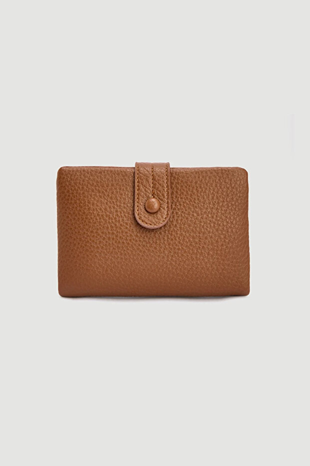 Düğme Detaylı Mini Cüzdan - Taba - 1