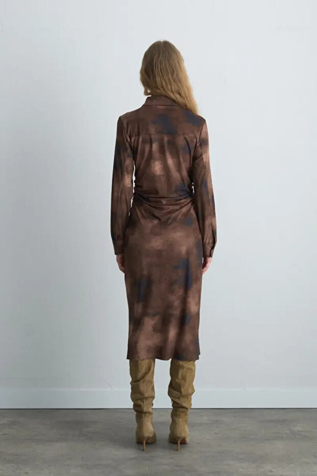 Batik Desenli Süet Uzun Elbise - Haki - 6