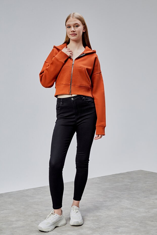 Kadın Kapşonlu Turuncu Basic Crop Sweatshirt - 6