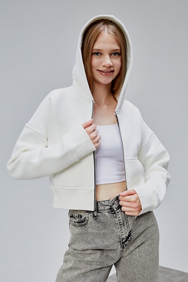 Kadın Kapşonlu Beyaz Basic Crop Sweatshirt - 4