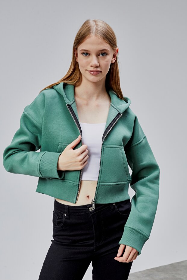 Kadın Kapşonlu Çağla Basic Crop Sweatshirt - 4