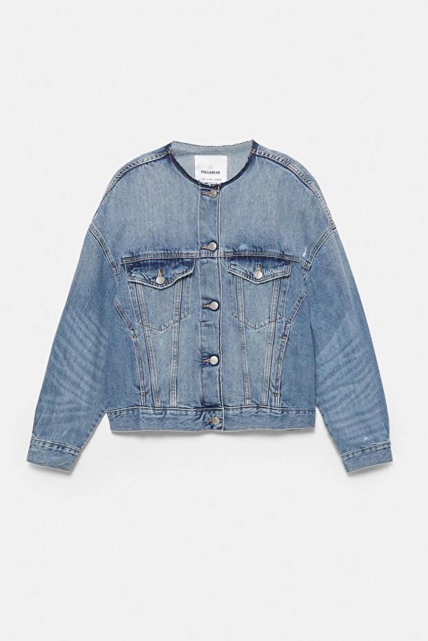 Yakası olmayan jean ceket - 5
