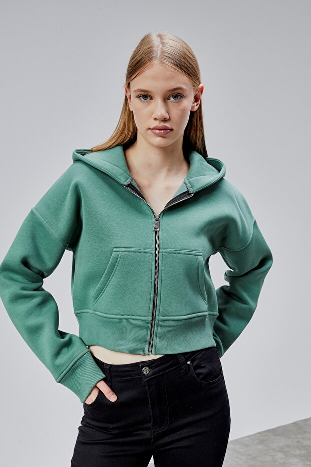 Kadın Kapşonlu Çağla Basic Crop Sweatshirt - 1