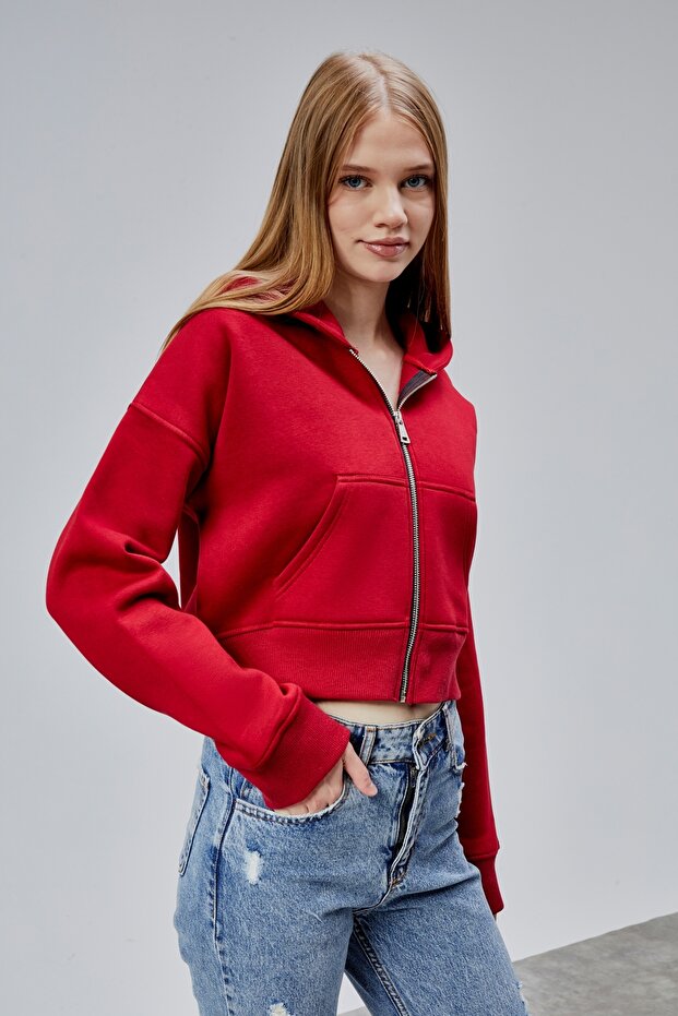 Kadın Kapşonlu Kırmızı Basic Crop Sweatshirt - 4