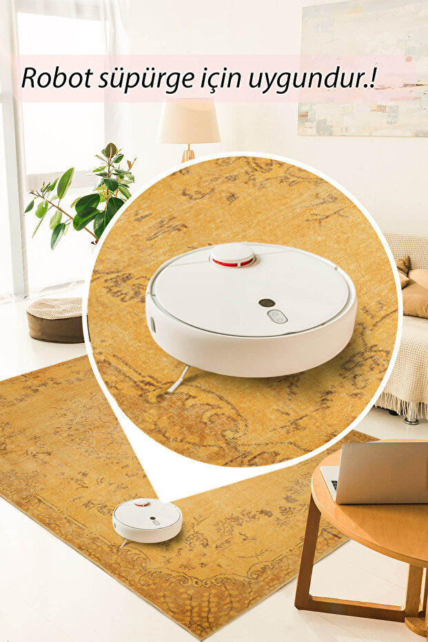 Dorian Eskitme Desenli Dokuma Taban Dekoratif Sarı Halı AL 27 - 7