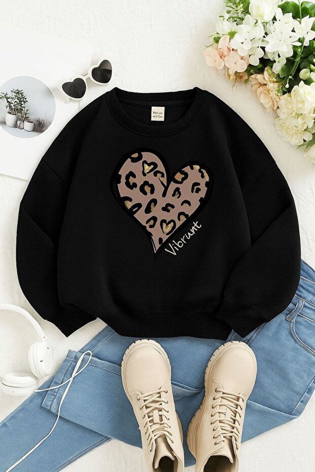 3 Yarn Combed Cotton Leopard Heart Printed Unisex Children's Sweat