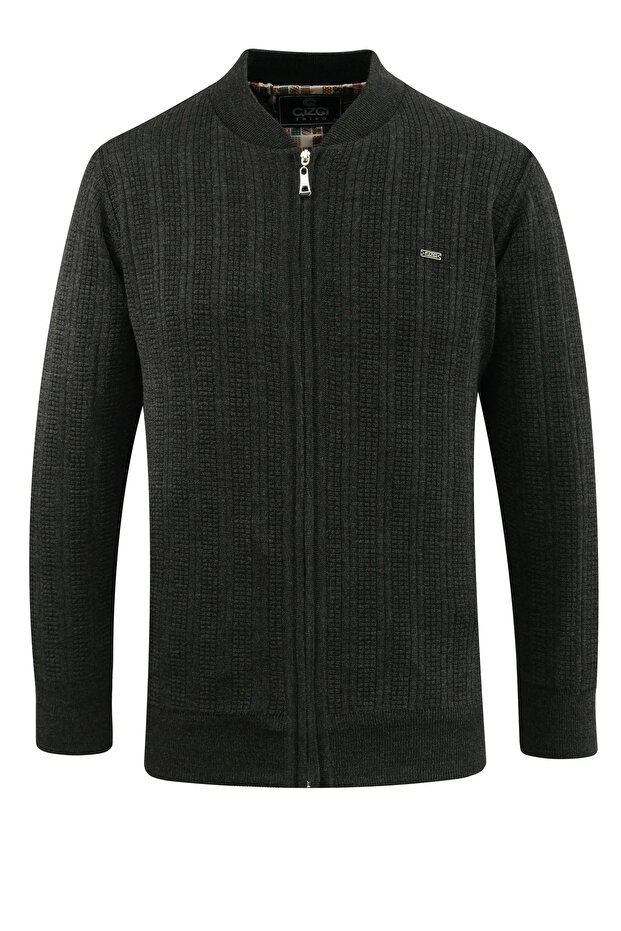 Men's Plus Size Lined Knitwear Dark Gray Coat High Neck Steel Knit Pattern Classic Fit - 5209Tb