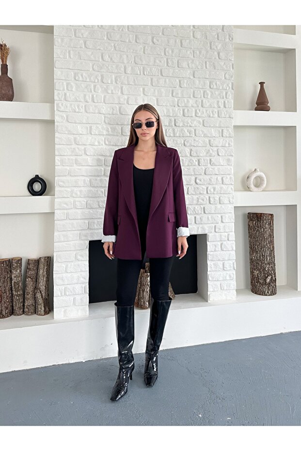 Women's Pocket Detailed Buttonless Premium Blazer Plum Jacket