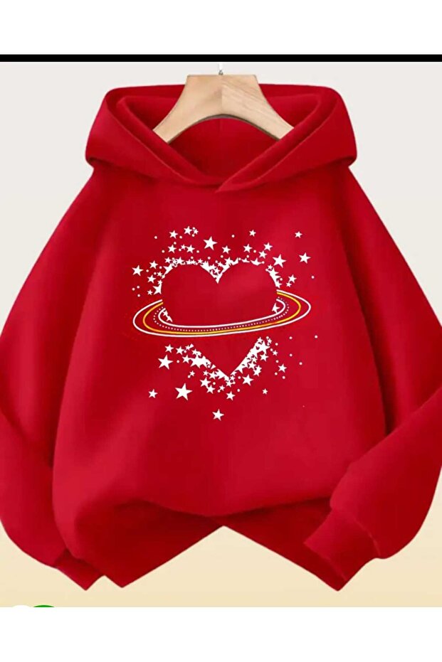 Women's Oversize Heart and Star Printed Hoodie