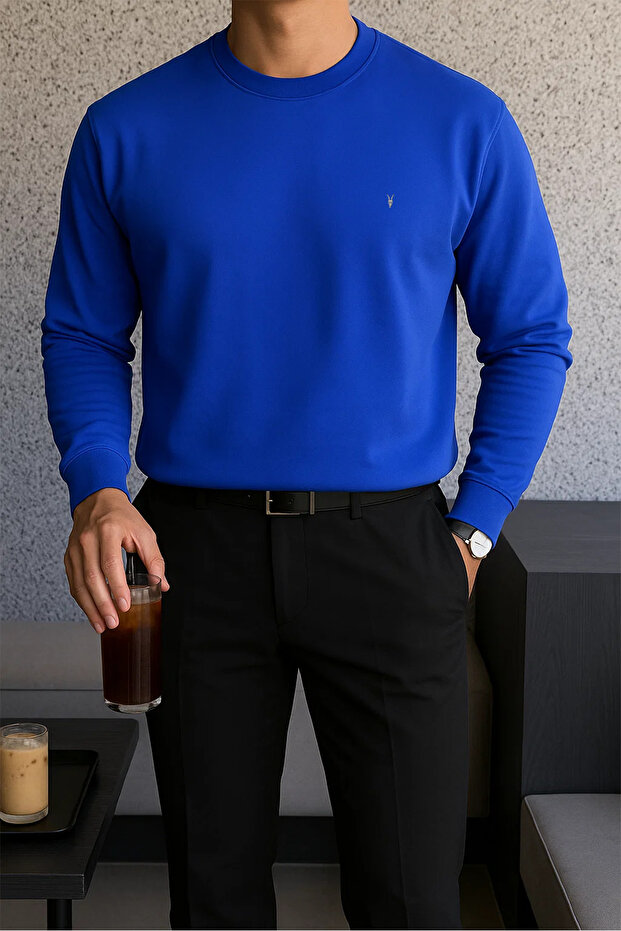 Erkek Kışlık Salaş Basic Mavi Sweatshirt - 3