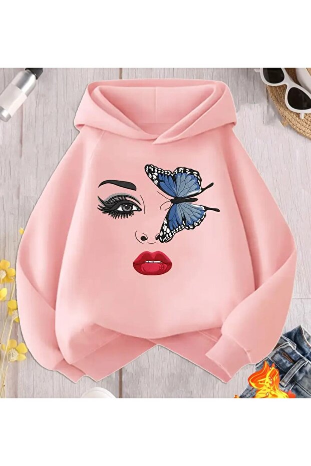 Women's Oversize Butterfly and Face Printed Hoodie