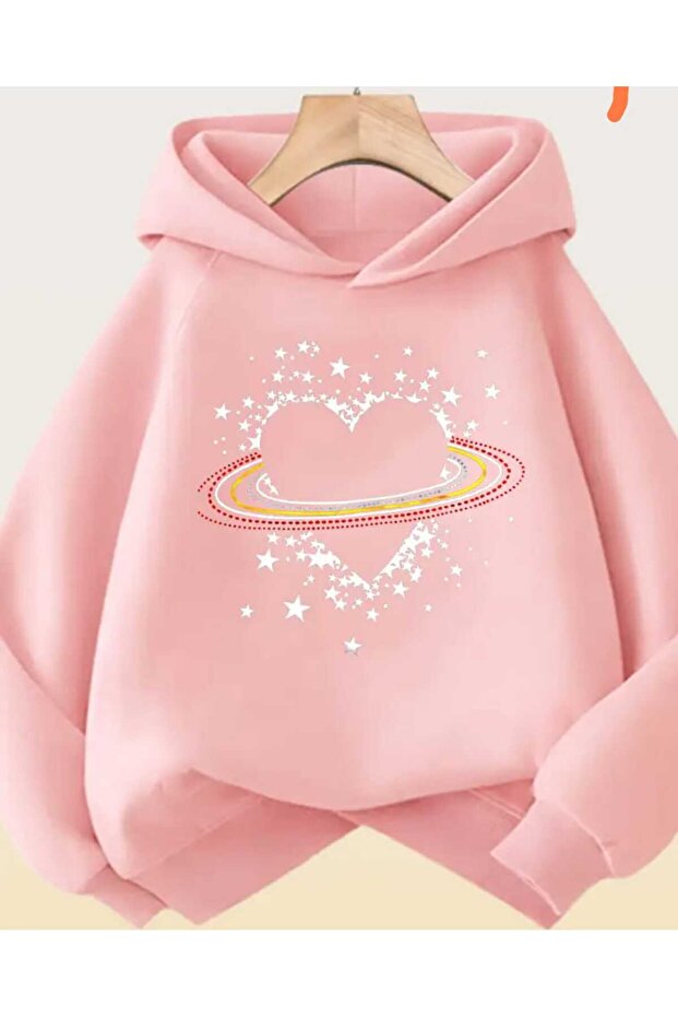 Women's Oversize Heart and Star Printed Hoodie