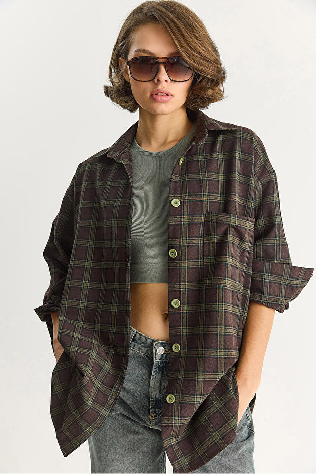 Kadın Tek Cep Detaylı Oversize Ekose Gömlek 513 60283572 - 1