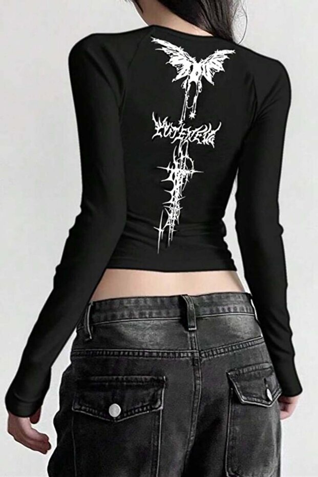 Fashion Gothic Punk Black Basic Back Printed Long Sleeve Bodysuit