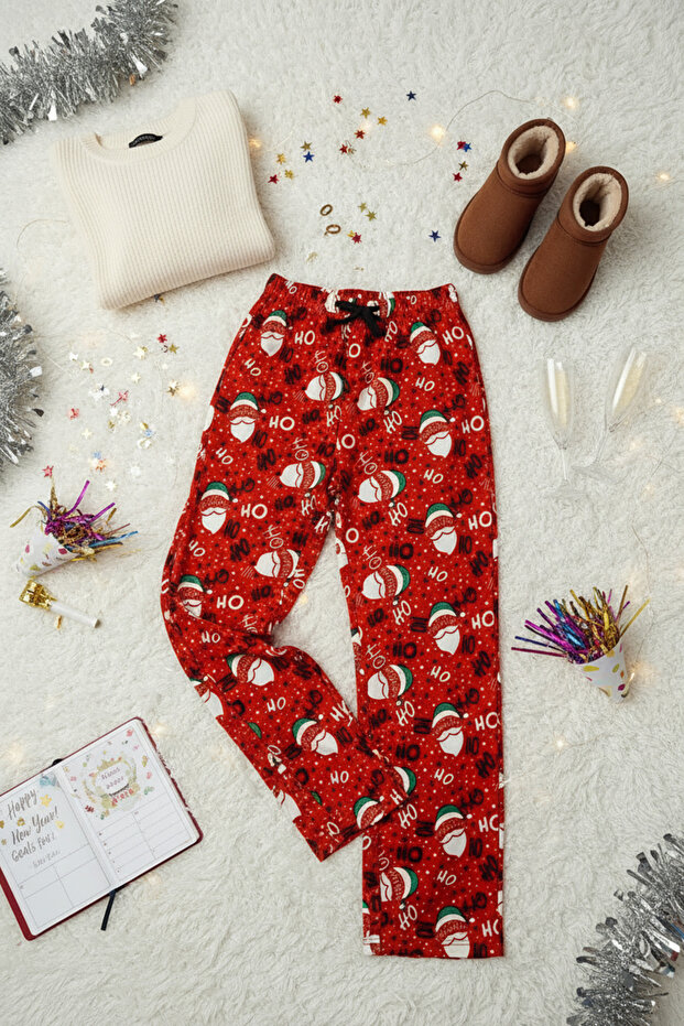 Yılbaşı Temalı Süet Kumaş Geniş Paçalı Pantolon - 4