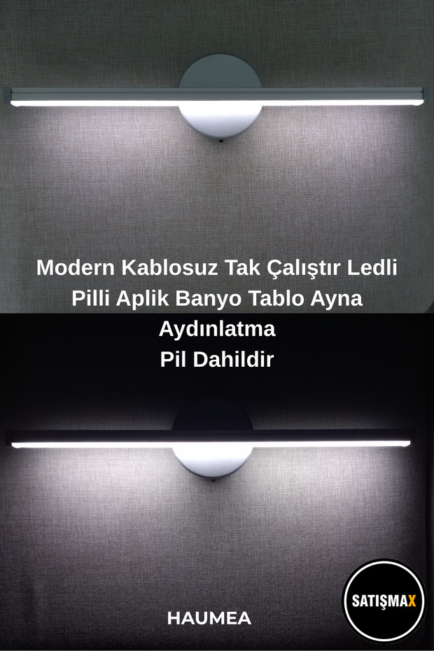 Modern Kablosuz Tak Çalıştır Ledli Pilli Aplik Banyo Tablo Ayna Aydınlatma Gri (50 CM) Pil Dahildir - 2