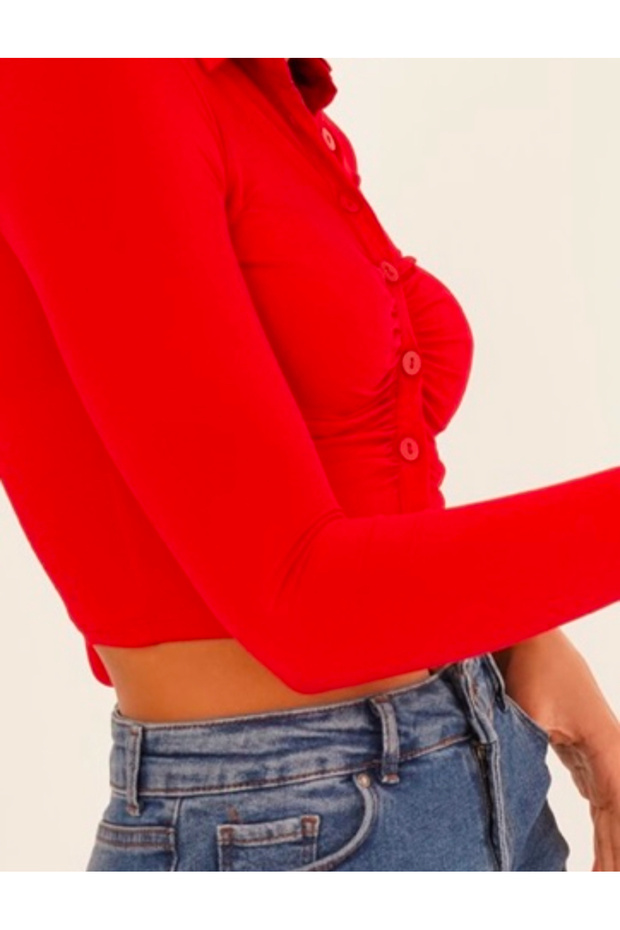 Kırmızı drapeli crop gömlek - 3