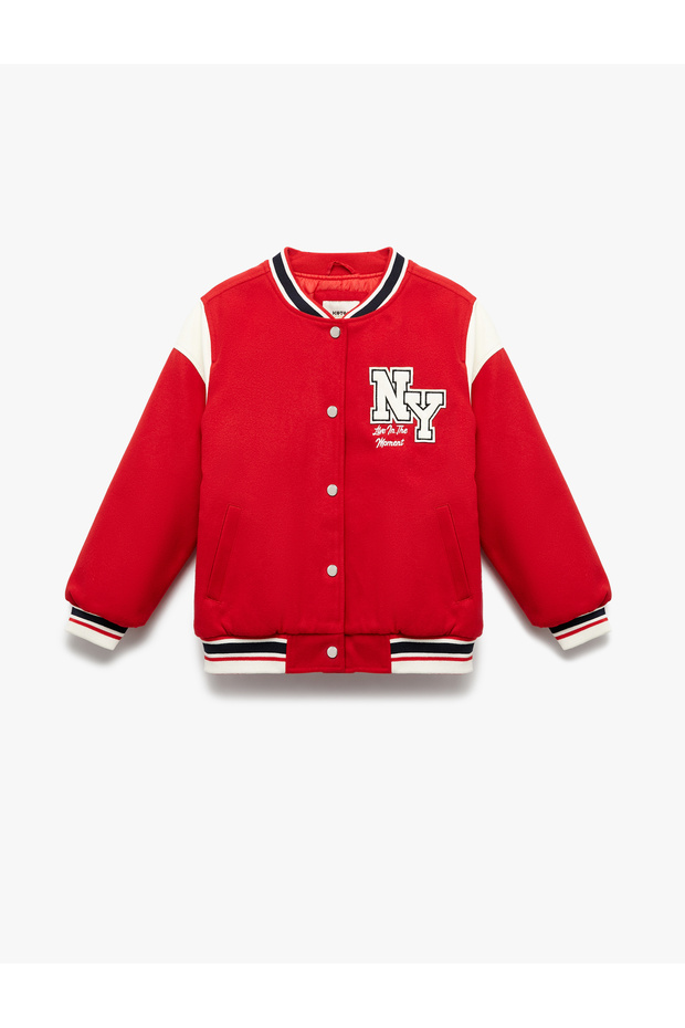 Long Sleeve Applique Detailed Oversize Bomber School Jacket