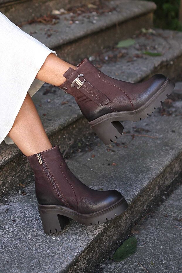 1311 Genuine Leather Serrated Non-Slip Rubber Sole Thick Heeled Boots