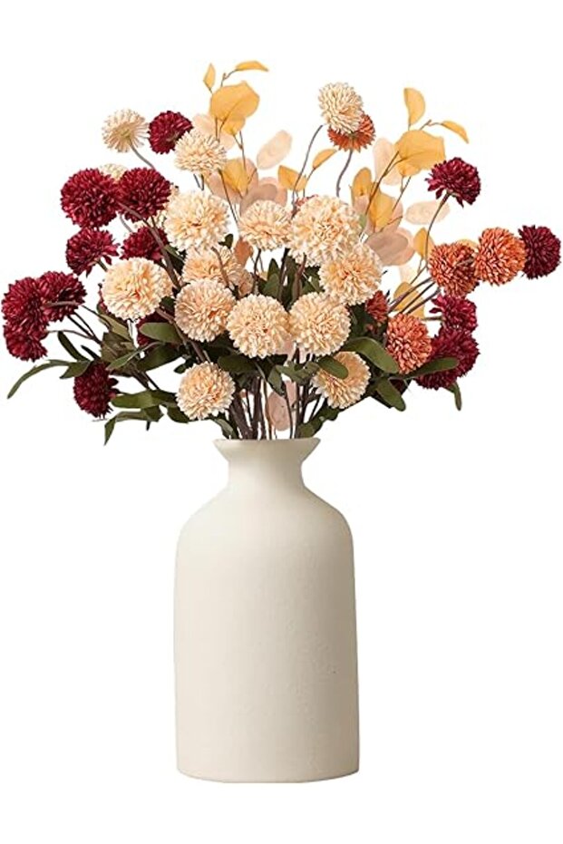 10Pcs Realistic Artificial Chrysanthemum Flowers + 2Pcs Premium Eucalyptus Leaves, Lifelike Pompons