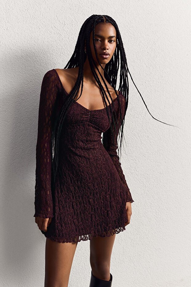 Dantel mini Bardot elbise - 1