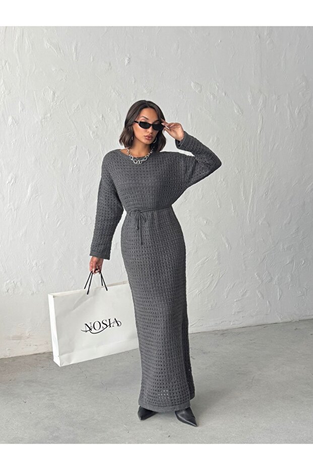 Women's Lined Belted Long Knit Dress