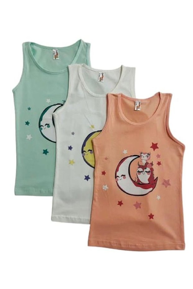 Girl's Cotton Salmon White Water Green Moon Owl Printed Tank Top