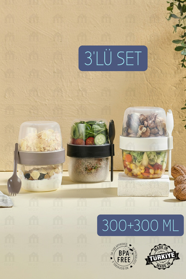 Diet and Yogurt Container with Spoon and Fork Oatmeal Muesli Snack Diet Storage Container (300ml + 300ml) - 1