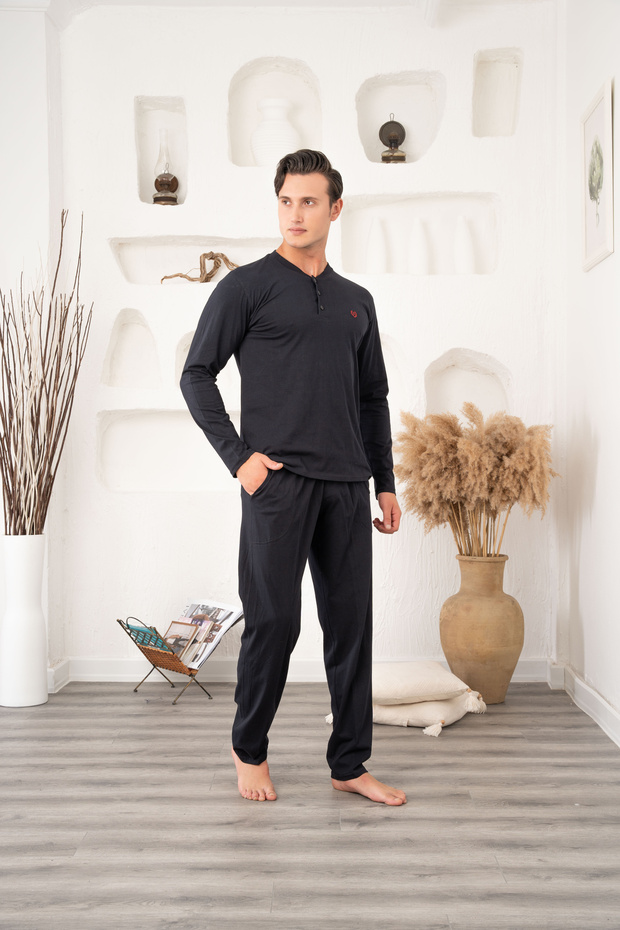 Men's Plus Size Dark Navy Classic Long Sleeve Buttoned Pocketed 100% Cotton Seasonal Pajama Set